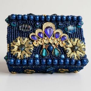 Elegant Beaded Memory Box with Blue and Gold Accents